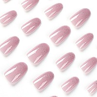 Babalal Round Press On Nails Medium Fake Nails Pink Glossy Glue On Nails Glitter Acrylic Nails Oval Stick On Nails For Women