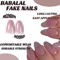 Babalal Round Press On Nails Medium Fake Nails Pink Glossy Glue On Nails Glitter Acrylic Nails Oval Stick On Nails For Women