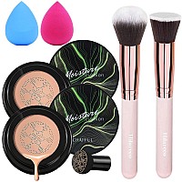 2 PCS Air Cushion CC Cream Nature Foundation,Foundation Brush Powder Brush,Moisturizing Concealer, Bright Makeup Base Long Lasting with Mushroom Makeup Sponge(#05 Medium Deep)