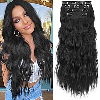 Kookastyle Clip In Synthetic Hair Extensions Long Wavy 4Pcs Thick Hairpieces Black Fiber Double Weft Natural Hair Extensions 24