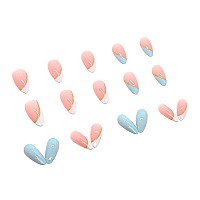 Rikview French Tip White Press On Nails Medium Fake Nails Blue Almond Acrylic Nails 24 Pcsset