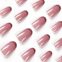 Rikview French Tip Pink Press On Nails Medium Fake Nails Almond Acrylic Nails For Women 24 Pcsset