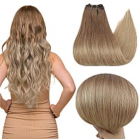 Full Shine Sew In Hair Extensions Real Human Hair Invisible Weft Hair Extensions Human Hair Balayage Golden Brown Fading To Medi