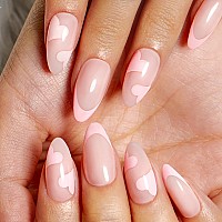 Valentines Day Press On Nails Short Almond Fake Nails Classic Nude Pink Full Cover False Nails With Heart Design Trendy Uv Glos