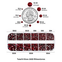 Beadsland Rhinestones For Makeup8 Sizes 2500Pcs Dark Red Flatback Rhinestones Face Gems For Nails Crafts With Tweezers And Wax