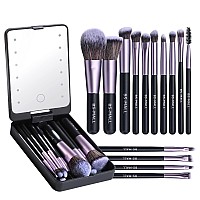 Bsmall Travel Makeup Brush Set Foundation Powder Concealers Eye Shadows Makeup Set With Led Light Mirror 14 Pcs Purple