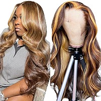 13x4 Highlight Ombre Lace Front Wig Human Hair Pre Plucked 4/27 Honey Blonde HD Glueless Colored Lace Frontal Wigs For Black Women with Baby Hair 180% Density Body Wave Lace Front Wig (28 Inch)