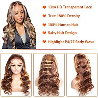 13x4 Highlight Ombre Lace Front Wig Human Hair Pre Plucked 4/27 Honey Blonde HD Glueless Colored Lace Frontal Wigs For Black Women with Baby Hair 180% Density Body Wave Lace Front Wig (28 Inch)