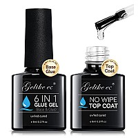 Gelike Ec 6 In 1 Nail Glue Base Gel And Top Coat Kit 2Pcs For Nail Polish Base Gel Nail Glue No Wipe Top Coat Super Shiny Stain