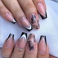 Foccna French Black Press On Nails Medium Butterfly Fake Nails Nude Coffin Acrylic False Nailsartificial Nails For Women And G