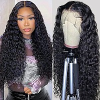 FIRIEYA 13x4 Deep Wave Lace Front Wigs Human Hair 180% Density Glueless HD Transparent Lace Frontal Human Hair Wigs for Black Women Pre-Plucked with Baby Hair Natural Color (30inch, Natural Black)