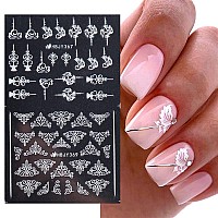 Flowers Nail Art Stickers Decal White Flowers Nail Stickers Nail Art Supplies 3D Retro Lace Flower Leaf Vine Geometric Self Adh