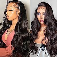 32 inch Lace Front Wigs Human Hair Pre Plucked Body Wave HD Transparent Lace Wig Human Hair for Black Women, Glueless 13x4 Free Part Invisable Lace Frontal Wigs Bleached Knots Natural Hairline with Baby Hair 180% Density