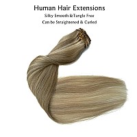 Clip in Hair Extensions Real Human Hair, Ash Blonde Balayage Blonde Highlights Real Hair Extensions Clip ins, 7 Pieces 70G Hair Extensions Clip in Human Hair Double Wefts 14 Inch Clip ons