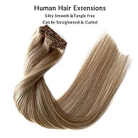 Clip in Hair Extensions Real Human Hair, Balayage Blonde Highlights Real Hair Extensions Clip ins, 7 Pieces 70G Human Hair Extensions Clip in Human Hair Double Wefts 16 Inch