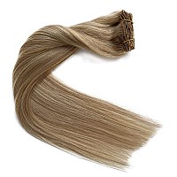 Clip in Hair Extensions Real Human Hair, Balayage Blonde Highlights Real Hair Extensions Clip ins, 7 Pieces 70G Human Hair Extensions Clip in Human Hair Double Wefts 16 Inch