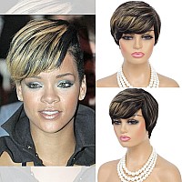 Yonova Highlight Blonde Pixie Short Hair Cut Human Hair Wigs for Black Women, Short Wigs with Bangs None Lace Front Wig Full Machine Made Wig for Women (P1B/27)