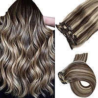 Clip in Hair Extensions Real Human Hair, Dark Brown Balayage Blonde Highlights Real Hair Extensions Clip ins, 7 Pieces 70G Hair Extensions Clip in Human Hair Double Wefts 16 Inch Clip on Extensions