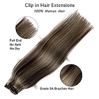 Clip in Hair Extensions Real Human Hair, Dark Brown Balayage Blonde Highlights Real Hair Extensions Clip ins, 7 Pieces 70G Hair Extensions Clip in Human Hair Double Wefts 16 Inch Clip on Extensions