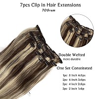 Clip in Hair Extensions Real Human Hair, Dark Brown Balayage Blonde Highlights Real Hair Extensions Clip ins, 7 Pieces 70G Hair Extensions Clip in Human Hair Double Wefts 16 Inch Clip on Extensions