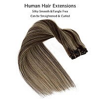 Clip in Hair Extensions Real Human Hair, Dark Brown Balayage Blonde Highlights Real Hair Extensions Clip ins, 7 Pieces 70G Hair Extensions Clip in Human Hair Double Wefts 16 Inch Clip on Extensions