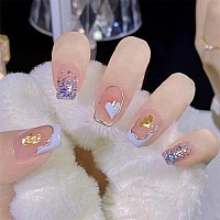 Qingge Valentines Day Press On Nails Short Glossy Purple Heart Fake Nails Glitter False Nails With Glue On Nails Square Stick O