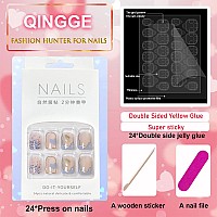 Qingge Valentines Day Press On Nails Short Glossy Purple Heart Fake Nails Glitter False Nails With Glue On Nails Square Stick O