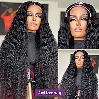 haha Deep Wave Closure Wig Human Hair Curly Transparent Lace Front Wig Pre Plucked Glueless 4x4 Closure Wigs Water Wave Brazilian Virgin Hair Wig For Women Nutural Black 12 Inch 150% Density