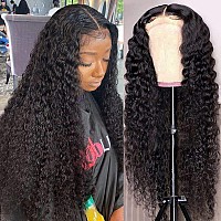 haha Curly Transparent Lace Front Wig Human Hair Deep Wave Closure Wig Pre Plucked Water Wave 4x4 Closure Wigs Brazilian Virgin Human Hair Wig for Women Nutural Black 24 Inch 150% Density Glueless