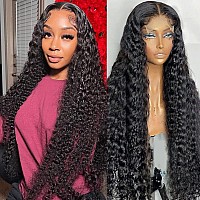 haha Curly Transparent Lace Front Wig Human Hair Deep Wave Closure Wig Pre Plucked Water Wave 4x4 Closure Wigs Brazilian Virgin Human Hair Wig for Women Nutural Black 24 Inch 150% Density Glueless