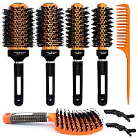 Round Ceramic Ion Thermal Barrel Brush Set With Boar Bristles 4 Different Sizes For Blow Drying Straightening Adding Volume