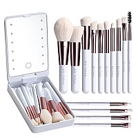 Bsmall Travel Makeup Brush Set Foundation Powder Concealers Eye Shadows Makeup Set With Led Light Mirror 14 Pcs White