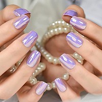 Elevenail Press On Nails Glossy Short Squoval Stick On Fake Nails Salon Diy Acrylic Manicure Reusable Magic Pink Purple Chrome F