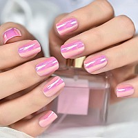 Elevenail Press On Nails Glossy Short Squoval Stick On Fake Nails Salon Diy Acrylic Manicure Reusable Magic Pink Chrome False Ac