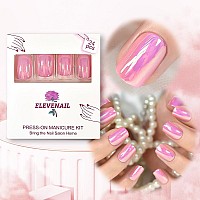 Elevenail Press On Nails Glossy Short Squoval Stick On Fake Nails Salon Diy Acrylic Manicure Reusable Magic Pink Chrome False Ac