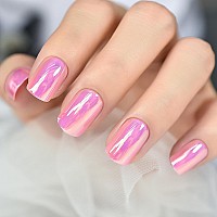 Elevenail Press On Nails Glossy Short Squoval Stick On Fake Nails Salon Diy Acrylic Manicure Reusable Magic Pink Chrome False Ac