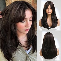 Jooler Long Brown Hair Wigs For Women Layered Synthetic Curly Hair Wig With Bangs Middle Parting Natural Looking Realistic Wigs