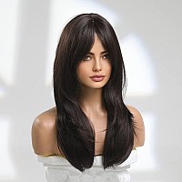 Jooler Long Brown Hair Wigs For Women Layered Synthetic Curly Hair Wig With Bangs Middle Parting Natural Looking Realistic Wigs