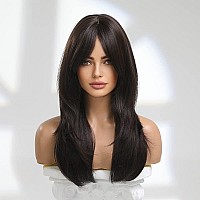 Jooler Long Brown Hair Wigs For Women Layered Synthetic Curly Hair Wig With Bangs Middle Parting Natural Looking Realistic Wigs