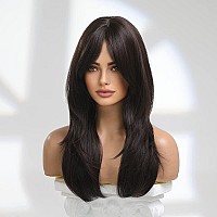 Jooler Long Brown Hair Wigs For Women Layered Synthetic Curly Hair Wig With Bangs Middle Parting Natural Looking Realistic Wigs