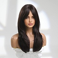 Jooler Long Brown Hair Wigs For Women Layered Synthetic Curly Hair Wig With Bangs Middle Parting Natural Looking Realistic Wigs