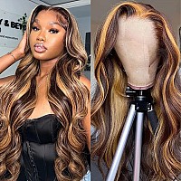 Honey Blonde Ombre Lace Front Wig Human Hair Pre Plucked, 4/27 Highlight HD Transparent Lace Frontal Wigs with Baby Hair 150% Density 13x4 Body Wave Colored Human Hair Lace Front Wigs for Black Women 26 Inch