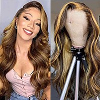 MEIKING Highlight Ombre Lace Front Wig Human Hair Pre Plucked 13x4 HD Transparent 4/27 Honey Blonde Lace Frontal Wigs with Baby Hair 150% Density Colored Body Wave Lace Front Wigs Human Hair for Black Women 22 Inch