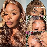 MEIKING Highlight Ombre Lace Front Wig Human Hair Pre Plucked 13x4 HD Transparent 4/27 Honey Blonde Lace Frontal Wigs with Baby Hair 150% Density Colored Body Wave Lace Front Wigs Human Hair for Black Women 22 Inch