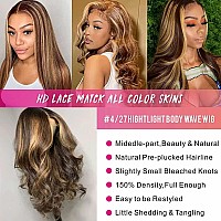 MEIKING Highlight Ombre Lace Front Wig Human Hair Pre Plucked 13x4 HD Transparent 4/27 Honey Blonde Lace Frontal Wigs with Baby Hair 150% Density Colored Body Wave Lace Front Wigs Human Hair for Black Women 22 Inch