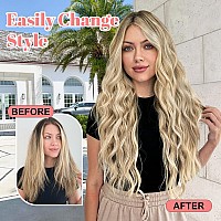 Alxnan Clip In Long Wavy Synthetic Hair Extension 20 Inch Beach Blonde 4Pcs Thick Hairpieces Fiber Double Weft Hair For Women