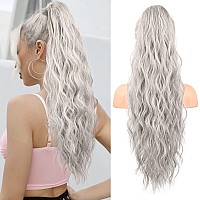 FLUFYMOOZ Ponytail Extension, 26 Inch Drawstring Ponytail Hair Extensions for Women,Long Curly Wavy Ponytail Natural Wavy Synthetic Hairpiece for Women Daily Use party (26 Inch Grey/Silver/White Mixed)