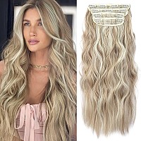 Clip In Natural Hair Extensions Long Wavy 4Pcs Thick Hairpieces Dark Ash Blonde Mixed Bleach Blonde Double Weft Synthetic 20 Inc