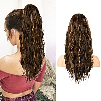 FLUFYMOOZ Ponytail Extension, 22 Inch Drawstring Ponytail Hair Extensions for Women,Long Curly Wavy Ponytail Natural Wavy Synthetic Hairpiece for Women Daily Use party (22 Inch Chocolate Brown with Caramel Blonde Highlights)