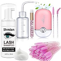 Shmian Lash Shampoo For Lash Extensions 50Ml Eyelash Foam Cleanser And 50 Pcs Eyelash Brush And Rinse Bottle Mini Fan Oil Free